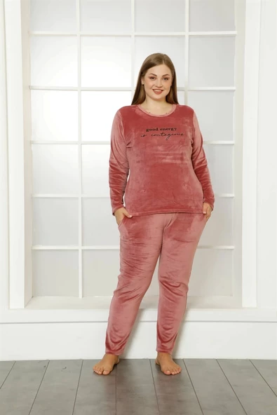 Moda Çizgi Büyük Beden Kadın Kadife Pijama Takım 9044