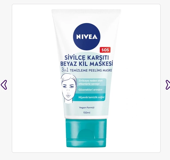 Nivea 3'ü 1 Arada Sivilce Karşıtı Yüz Temizleyici Beyaz Kil Maskesi 150 ml