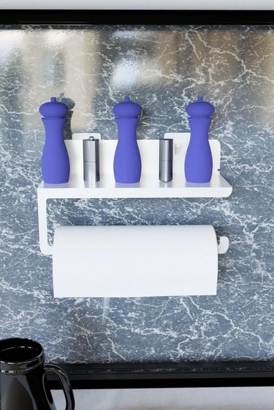 Risingmaber Ultra Güçlü Yapışkanlı Beyaz Metal Baharatlık Raflı Havluluk, Kağıt Havlu Tutucu MT94B - 5