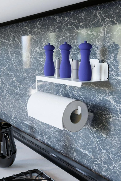 Risingmaber Ultra Güçlü Yapışkanlı Beyaz Metal Baharatlık Raflı Havluluk, Kağıt Havlu Tutucu MT94B - 4