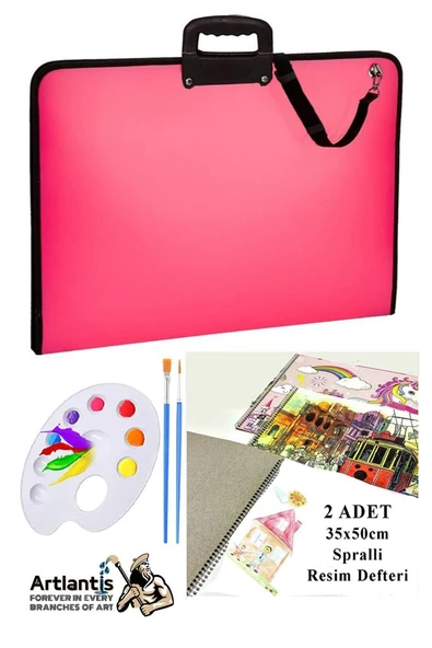Resim Çantası 35x50 cm Resim Defteri Palet Fırça Seti 1 Paket Pembe Resim Proje Çantası Fermuarlı Kulplu 37x54 cm