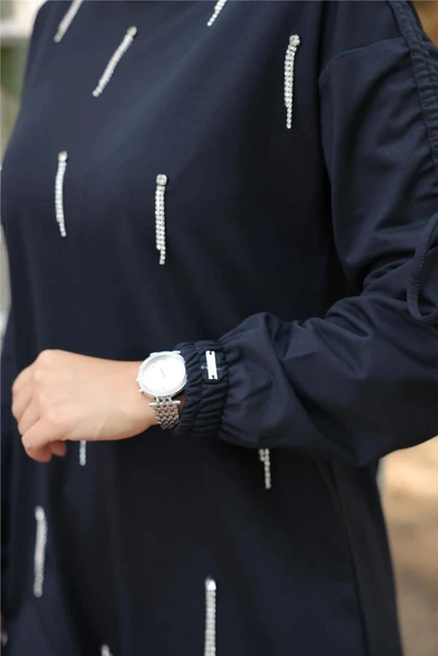 O Yaka Koldan Bağcıklı Taş Detaylı İkili Tesettür Eşofman Takımı - (38-46) - 71208 - Lacivert - Resim 2