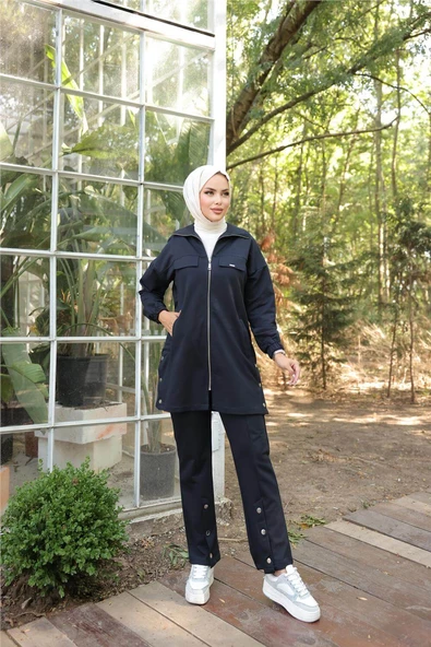 Fermuarlı Cepli Çıtçıt Detayı İkili Tesettür Eşofman Takımı - 71207.015 - Lacivert ürün görseli