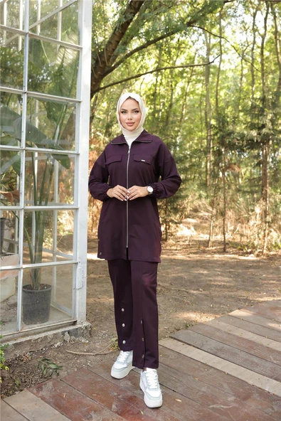 Fermuarlı Cepli Çıtçıt Detayı İkili Tesettür Eşofman Takımı - (38-46) - 71207 - Mürdüm ürün görseli