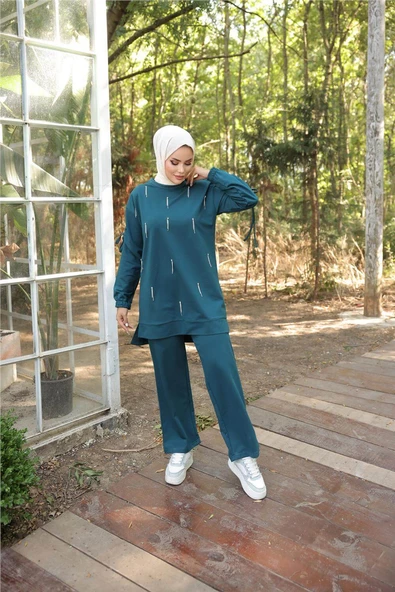 O Yaka Koldan Bağcıklı Taş Detaylı İkili Tesettür Eşofman Takımı - 71208.208 - Koyu Petrol - Resim 6