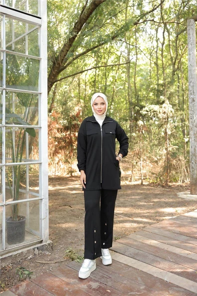 Fermuarlı Cepli Çıtçıt Detayı İkili Tesettür Eşofman Takımı - (38-46) - 71207 - Siyah ürün görseli