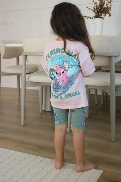 KIZ ÇOCUK STITCH DESENLİ BİSİKLET YAKA PAMUK ŞORTLU TAKIM - 3