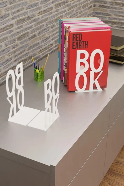 Risingmaber Dekoratif Beyaz Book Yazı Tasarımlı Kitap Tutucu Desteği Metal Kitap Tutucu (İkili Set)MK3B - 2