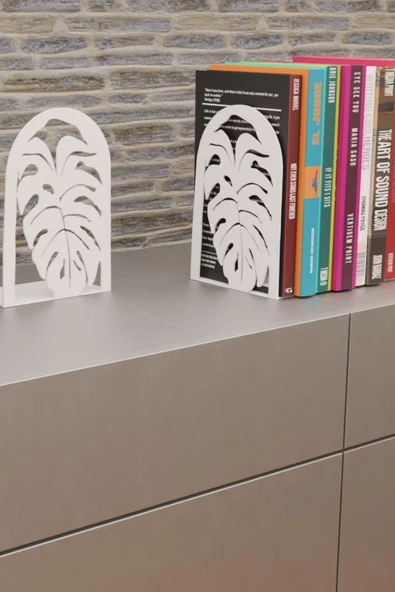 Risingmaber Dekoratif Beyaz Yaprak Desenli Metal Kitap Tutucu  ve Kitap Desteği (İkili Set) MK14B - 3