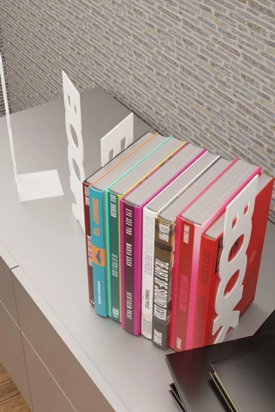 Risingmaber Dekoratif Beyaz Dikey Book Yazı Tasarımlı Metal Kitap Tutucu(İkili Set) MK11B - 4