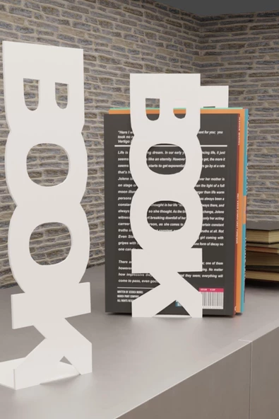 Risingmaber Dekoratif Beyaz Dikey Book Yazı Tasarımlı Metal Kitap Tutucu(İkili Set) MK11B - 5