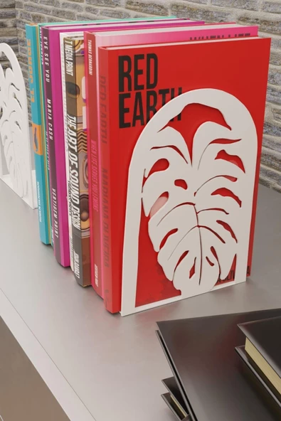 Risingmaber Dekoratif Beyaz Yaprak Desenli Metal Kitap Tutucu  ve Kitap Desteği (İkili Set) MK14B - 6