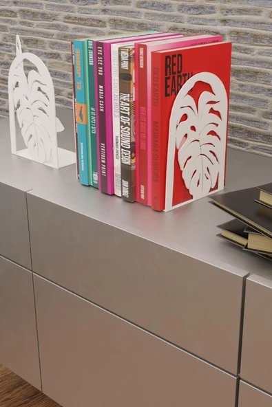 Risingmaber Dekoratif Beyaz Yaprak Desenli Metal Kitap Tutucu  ve Kitap Desteği (İkili Set) MK14B - 2