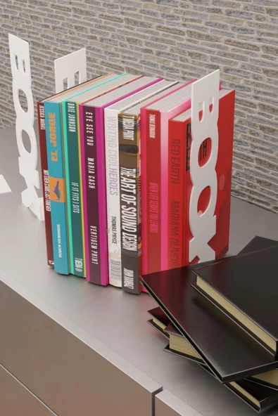 Risingmaber Dekoratif Beyaz Dikey Book Yazı Tasarımlı Metal Kitap Tutucu(İkili Set) MK11B - 3