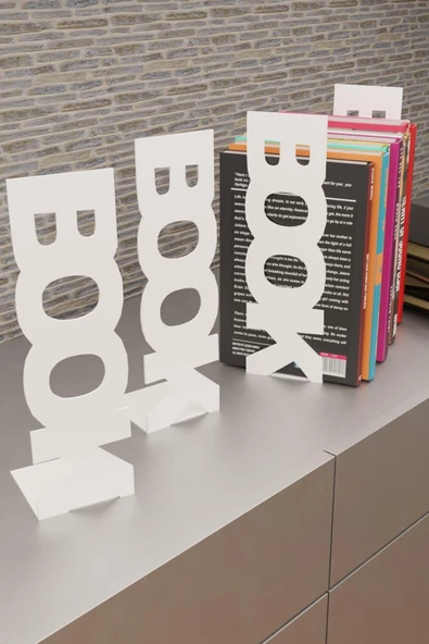 Risingmaber Dekoratif Beyaz Dikey Book Yazı Tasarımlı Metal Kitap Tutucu(İkili Set) MK11B - 2