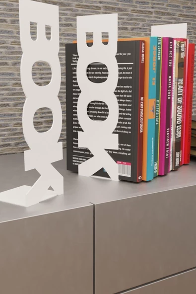 Risingmaber Dekoratif Beyaz Dikey Book Yazı Tasarımlı Metal Kitap Tutucu(İkili Set) MK11B