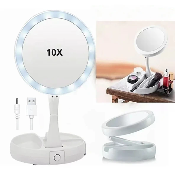 HyMark 10X Büyütme Çift Taraflı Katlanabilir 21 LED Işıklı Makyaj Aynası USB Kablo - Resim 2