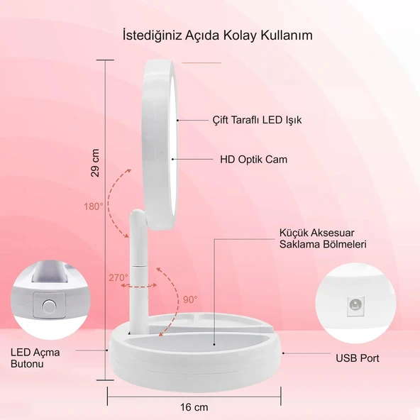 HyMark 10X Büyütme Çift Taraflı Katlanabilir 21 LED Işıklı Makyaj Aynası USB Kablo - Resim 5