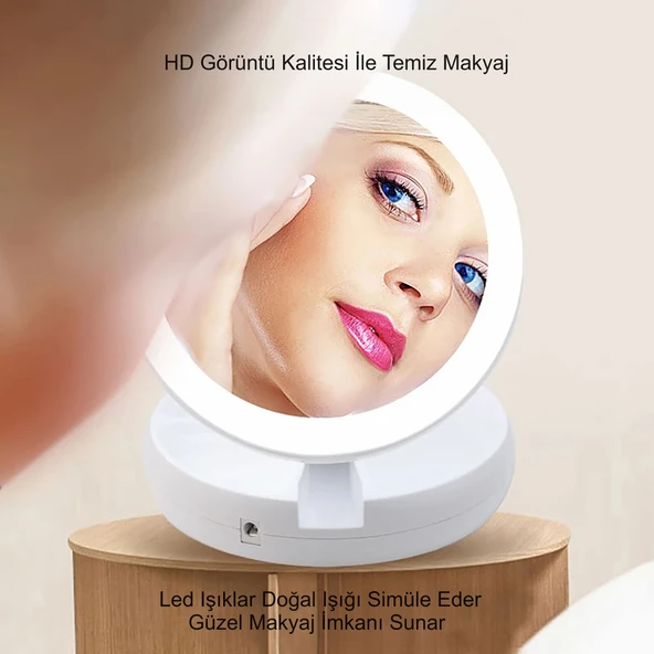 HyMark 10X Büyütme Çift Taraflı Katlanabilir 21 LED Işıklı Makyaj Aynası USB Kablo - 4