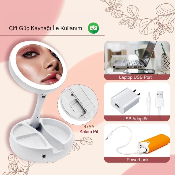 HyMark 10X Büyütme Çift Taraflı Katlanabilir 21 LED Işıklı Makyaj Aynası USB Kablo - 6