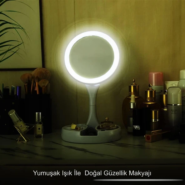 HyMark 10X Büyütme Çift Taraflı Katlanabilir 21 LED Işıklı Makyaj Aynası USB Kablo - Resim 9