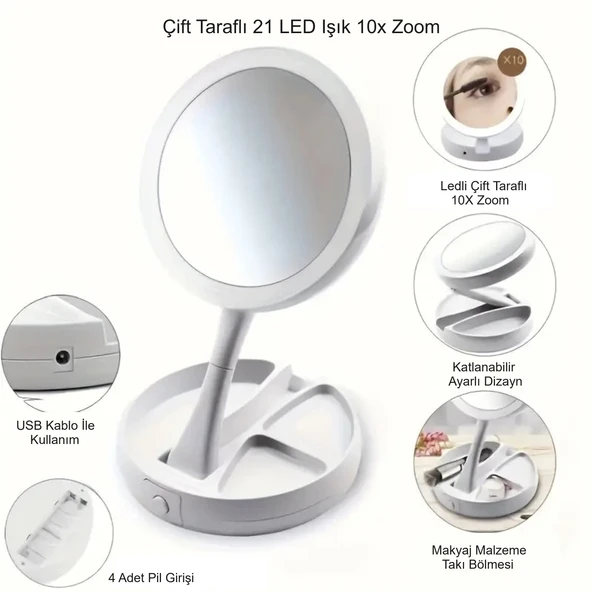 HyMark 10X Büyütme Çift Taraflı Katlanabilir 21 LED Işıklı Makyaj Aynası USB Kablo - Resim 4