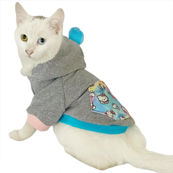 Kitty Grey Kapsonlu Sweatshirt Kedi Süeteri Kedi Kıyafeti