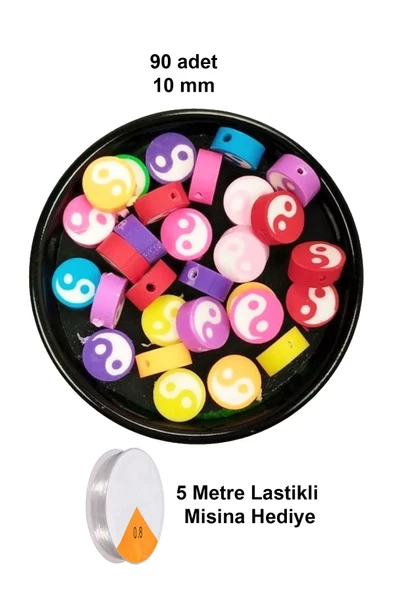 90 Adet 10 mm Polimer Kil Fimo Boncuk Takı Bileklik + 5 Metre Lastikli Misina Hediye - Renkli Yin Yang