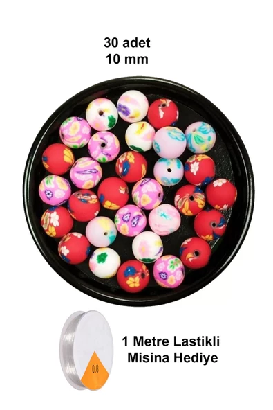 30 Adet 10 mm Polimer Kil Fimo Boncuk Takı Bileklik + 1 Metre Lastikli Misina Hediye - Desenli Yuvarlak