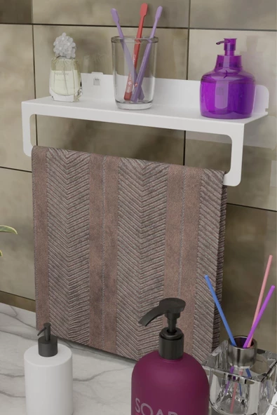 Risingmaber Beyaz Ultra Güçlü Yapışkanlı Metal Raflı Havlu Tutucu / Raf Metal Havlu Askılığı MT93BD - Resim 5