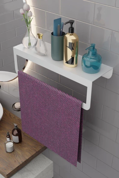 Risingmaber Metal Beyaz Havlu Askısı, Mutfak Banyo Raflı Havluluk, Metal Raflı Havluluk, Havlu Tutacağı MT42BD