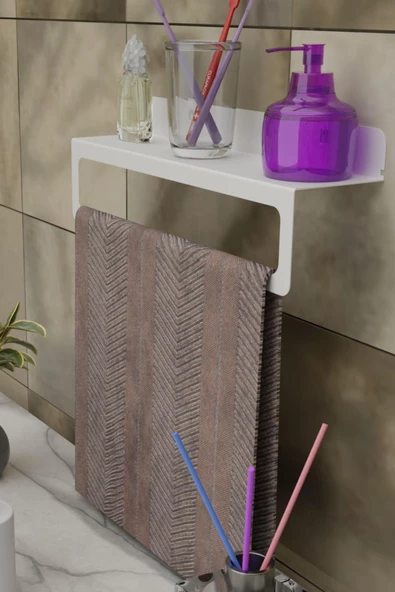 Risingmaber Beyaz Ultra Güçlü Yapışkanlı Metal Raflı Havlu Tutucu / Raf Metal Havlu Askılığı MT93BD - Resim 3