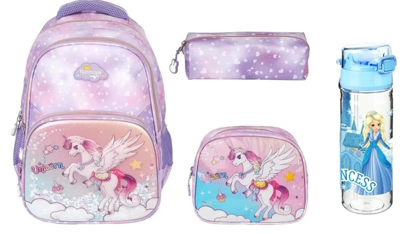 Kabartmalı Unicorn Figürlü ve Pullu 4'lü Takım İlkokul Sırt Çantası-Beslenme-Kalemlik-Suluk SYG1370Unicorn+SulukPrenses