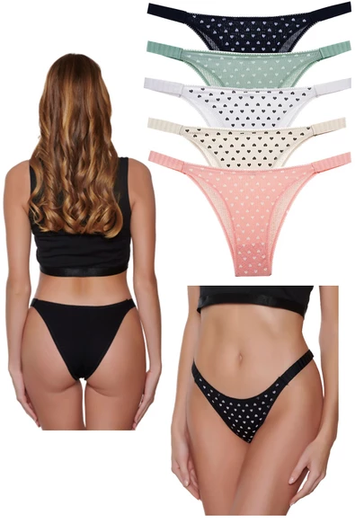 Kalp Baskılı Brazilian İpli Bikini 5 Lİ Paket