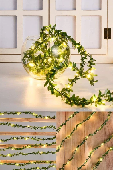 DDPEST Dekoratif Yeşil Yapraklı Yapay Ledli 7 Metre Tel Sarmaşık 5 Mt 50 Ledli Sarı Peri Led (piller hariç) - 3