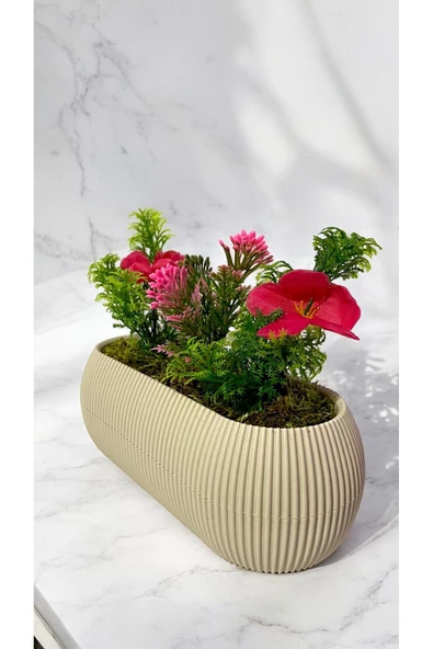 DDPEST Yosunlu Saksıda Yapay Kiraz Çiçeği Pembe-Kırmızı-Yeşil Garnitürlü Bej Uzun Saksı Orta Boy - 2