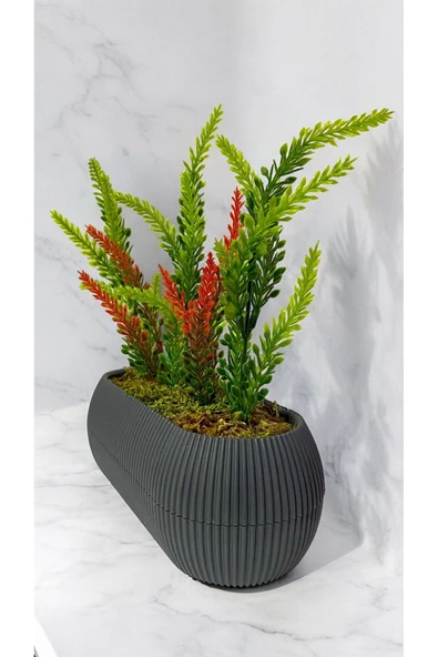 DDPEST Yosunlu Saksıda Yapay Lavanta Bitkisi Kırmızı-Yeşil Garnitürlü Antrasit Gri Uzun Saksı Orta Boy - 2