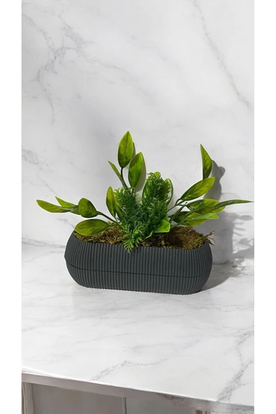 DDPEST Yosunlu Uzun Saksıda Yapay Limon Yaprağı Bitkisi Yeşil Çim Garnitürlü Gri Saksı Uzun