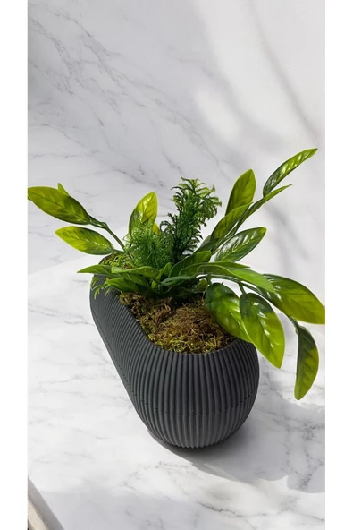 DDPEST Yosunlu Uzun Saksıda Yapay Limon Yaprağı Bitkisi Yeşil Çim Garnitürlü Gri Saksı Uzun - 3