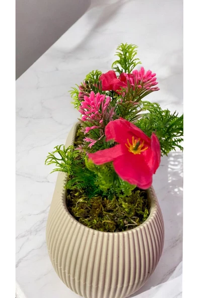 DDPEST Yosunlu Saksıda Yapay Kiraz Çiçeği Pembe-Kırmızı-Yeşil Garnitürlü Bej Uzun Saksı Orta Boy - 3