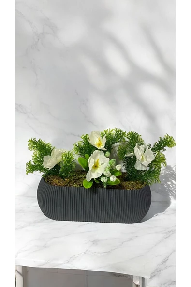 DDPEST Yosunlu Uzun Saksıda Yapay Beyaz Kiraz Çiçeği Bitkisi Yeşil Çim Garnitürlü Gri Saksı Uzun