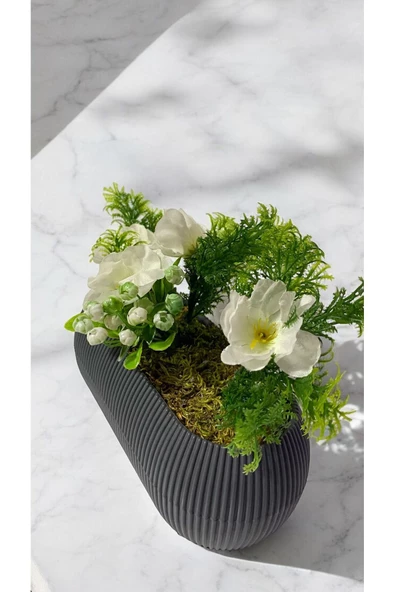 DDPEST Yosunlu Uzun Saksıda Yapay Beyaz Kiraz Çiçeği Bitkisi Yeşil Çim Garnitürlü Gri Saksı Uzun - 2