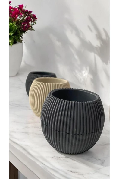 DDPEST 3 Adet Mini Boy Gri Ve Bej Mercan Çizgili Saksı Canlı/Yapay Çiçek Saksılığı Balkon Saksısı - 2