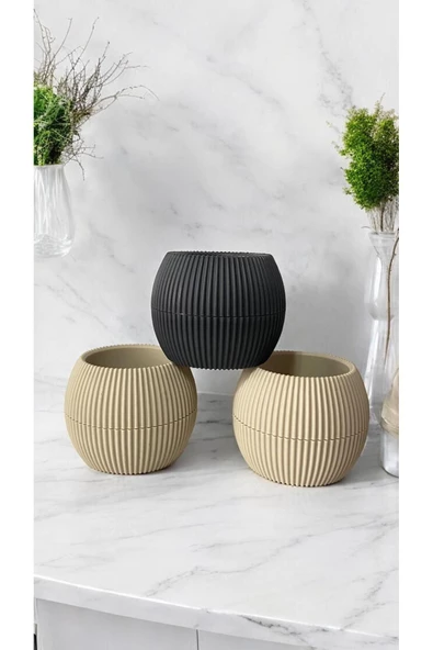 DDPEST 3 Adet Mini Boy Gri Ve Bej Mercan Çizgili Saksı Canlı/Yapay Çiçek Saksılığı Balkon Saksısı - 2