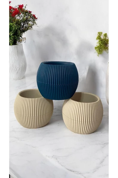 DDPEST 3 Adet Mini Boy Bej Ve Gece Mavisi Mercan Çizgili Saksı Canlı/Yapay Çiçek Saksılığı Balkon Saksısı - 2