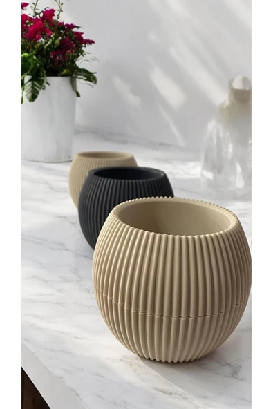 DDPEST 3 Adet Mini Boy Gri Ve Bej Mercan Çizgili Saksı Canlı/Yapay Çiçek Saksılığı Balkon Saksısı - 3