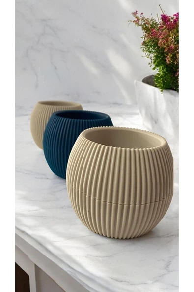 DDPEST 3 Adet Mini Boy Bej Ve Gece Mavisi Mercan Çizgili Saksı Canlı/Yapay Çiçek Saksılığı Balkon Saksısı - 3