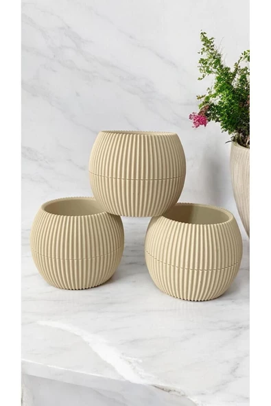 DDPEST 3 Adet Mini Boy Bej Mercan Çizgili Saksı Canlı/Yapay Çiçek Saksılığı Balkon Saksısı
