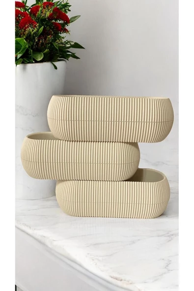 DDPEST 3 Adet Uzun Bej Renk Mercan Çizgili Saksı Canlı/Yapay Çiçek Saksılığı Balkon Saksısı - 2