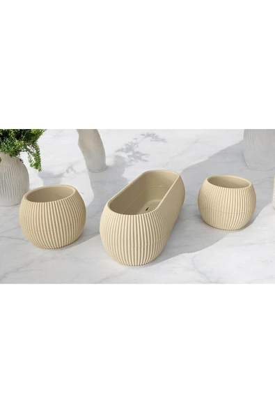 DDPEST 2 Adet -Mini Boy Bej 1 Adet Uzun Bej Mercan Çizgili Saksı Canlı/Yapay Çiçek Saksılığı Balkon Saksısı - 2